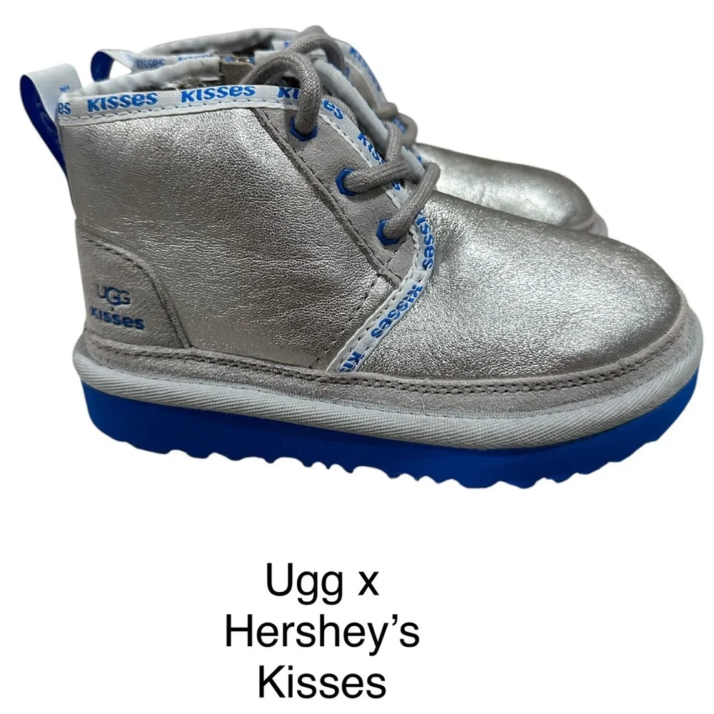 RARE UGG X HERSHEY’S KISSES NEUMEL II Silver Metallic Boots, Child Size 10. NEW!
